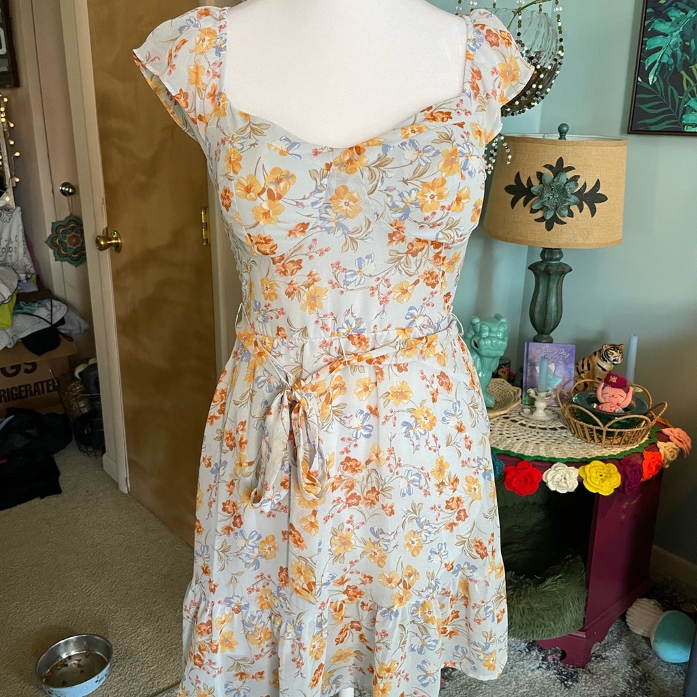 As U Wish Cream Floral Tie-Waist Midi Dress with Orange Accents